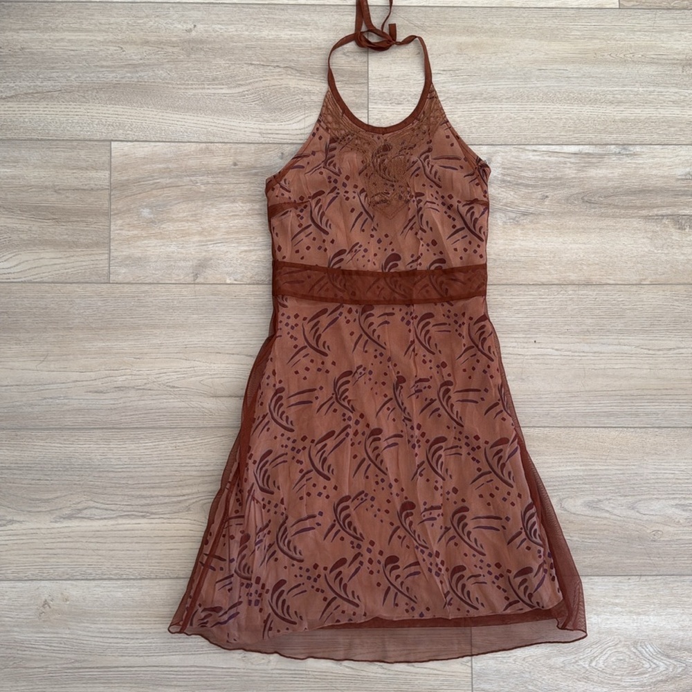 Free People Brown Mesh Overlay Halter Dress Embroidered Boho Print Small EUC‎